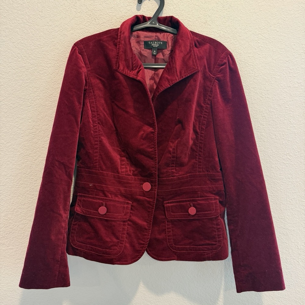 Talbots Women's Velvet Blazer 8 Petite Wine Red Lined Holiday Jacket Old money